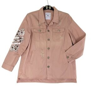 Polinesia‎ Womens XL Pink Floral Distressed Denim Jacket Pockets Cotton